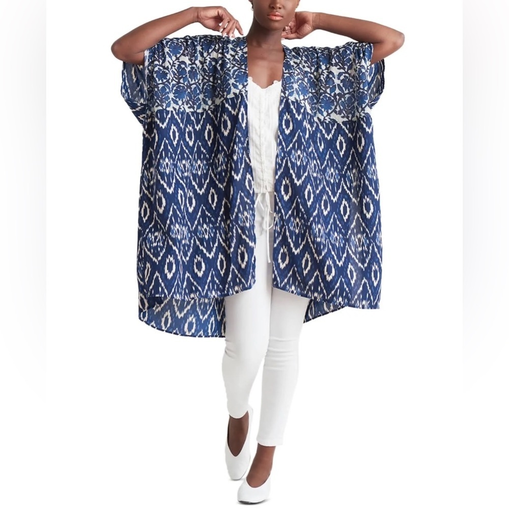 Anthropologie In Our Nature Blue Ikat Kimono One Size